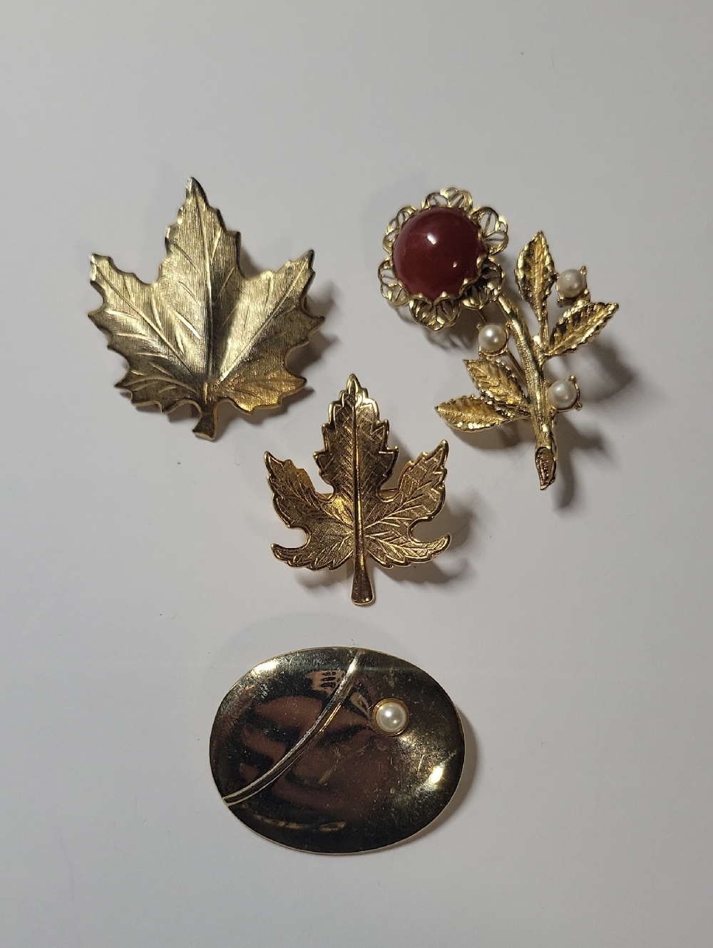 Gold-Tone Leaf & Floral Brooch Set with Red Cabochon and Pearls